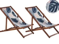 Beliani Aurinkotuoli Tumma Akaasia Vaihtokankaat Luonnonvalkoinen/Sininen Palmunlehdet 2 Kpl Anzio Best