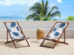 Beliani Aurinkotuoli Tumma Akaasia Vaihtokankaat Luonnonvalkoinen/Sininen Palmunlehdet 2 Kpl Anzio Best