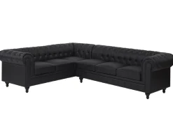 Beliani 6-Istuttava Kulmasohva Keinonahka Oikeak. Musta Chesterfield Sale