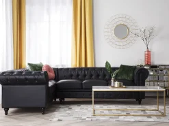 Beliani 6-Istuttava Kulmasohva Keinonahka Oikeak. Musta Chesterfield Sale