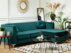 Beliani 3-Istuttava Kulmasohva Sametti Vasenk. Smaragdinvihrea Timra Discount