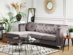 Beliani 3-Istuttava Kulmasohva Sametti Oikeak. Harmaa Flen Discount