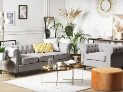 Beliani 4-Istuttava Sohvaryhma Kangas Vaaleanharmaa Chesterfield New