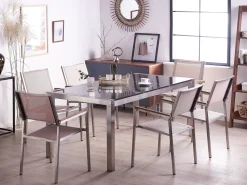 Beliani 6-Istuttava Ulkoruokailuryhma 3-Osainen Graniittitaso Tekstiilituolit Musta/Beige Grosseto Shop