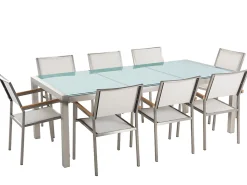 Beliani 8-Istuttava Ulkoruokailuryhma 3-Osainen Lasitaso Tekstiilituolit Valkoinen Grosseto Hot