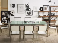 Beliani 8-Istuttava Ulkoruokailuryhma 3-Osainen Lasitaso Tekstiilituolit Valkoinen Grosseto Hot