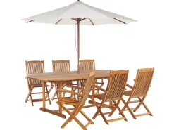 Beliani 6-Istuttava Ulkoruokailuryhma Aurinkovarjolla Vaalea Akasiapuu Maui Outlet