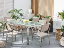 Beliani 6-Istuttava Ulkoruokailuryhma Lasitaso Tekstiilituolit Beige Grosseto Cheap