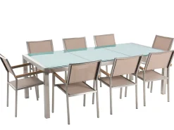 Beliani 8-Istuttava Ulkoruokailuryhma 3-Osainen Lasitaso Tekstiilituolit Beige Grosseto Best