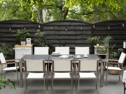 Beliani 8-Istuttava Ulkoruokailuryhma Poltettu Graniittitaso Tekstiilituolit Musta/Valkoinen Grosseto Clearance