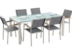 Beliani 6-Istuttava Ulkoruokailuryhma 3-Osainen Lasitaso Tekstiilituolit Harmaa Grosseto Store