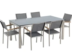 Beliani 6-Istuttava Ulkoruokailuryhma Lasitaso Tekstiilituolit Musta/Harmaa Grosseto Store