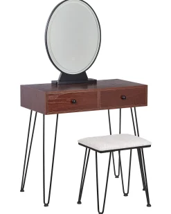 Beliani Kampauspoyta 2 Laatikkoa Led-Peili Jakkara Tumma Puu/Musta Loix Shop