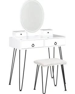 Beliani Kampauspoyta 4 Laatikkoa Led-Peili Usb-Portti Jakkara Valkoinen/Musta Soye Fashion