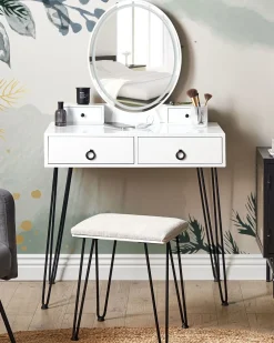 Beliani Kampauspoyta 4 Laatikkoa Led-Peili Usb-Portti Jakkara Valkoinen/Musta Soye Fashion