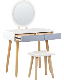 Beliani Kampauspoyta 2 Laatikkoa Led-Peili Jakkara Valkoinen/Harmaa Josselin Sale