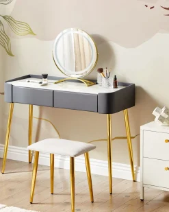 Beliani Kampauspoyta 2 Laatikkoa Led-Peili Jakkara Harmaa/Kulta Surin Hot