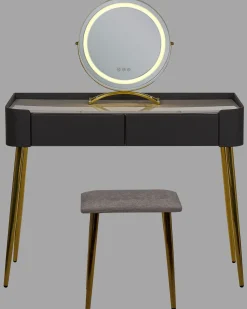 Beliani Kampauspoyta 2 Laatikkoa Led-Peili Jakkara Harmaa/Kulta Surin Hot