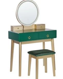 Beliani Kampauspoyta 4 Laatikkoa Led-Peili Jakkara Smaragdinvihrea/Kulta Fedry Outlet