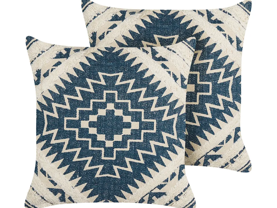 Beliani Koristetyyny Puuvilla Sininen/Beige Geometrinen Kuvio 50 X 50 Cm 2 Kpl Safi Flash Sale