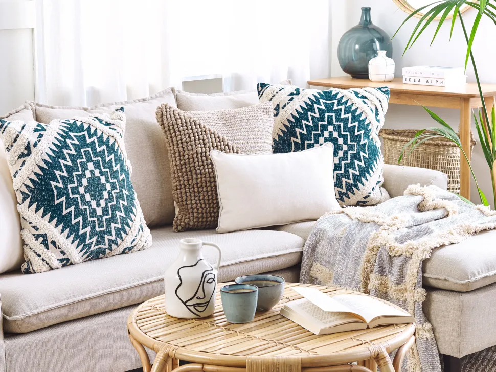 Beliani Koristetyyny Puuvilla Sininen/Beige Geometrinen Kuvio 50 X 50 Cm 2 Kpl Safi Flash Sale