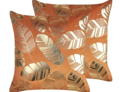 Beliani Koristetyyny Sametti Oranssi Lehtikuvio 45 X 45 Cm 2 Kpl Sunflower Store