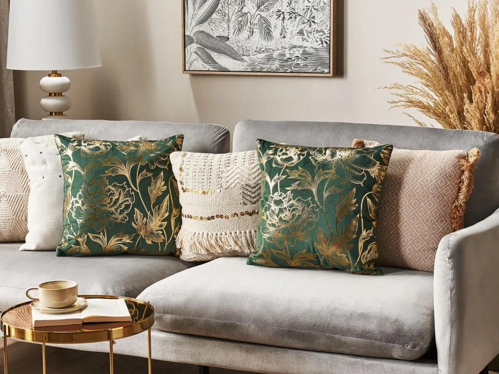 Beliani Koristetyyny Sametti Vihrea Kukkakuvio 45 X 45 Cm 2 Kpl Daffodil Sale