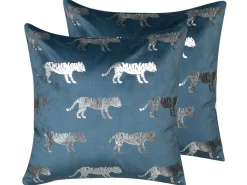 Beliani Koristetyynysetti Sininen Sametti Tiikerikuvio 45X45Cm Bluebell Hot