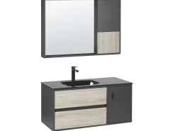 Beliani Kylpyhuoneen Kalusteet 3 Osaa Vaalea Puu/Musta 100 Cm Teruel Clearance