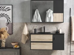 Beliani Kylpyhuoneen Kalusteet 3 Osaa Vaalea Puu/Musta 100 Cm Teruel Clearance