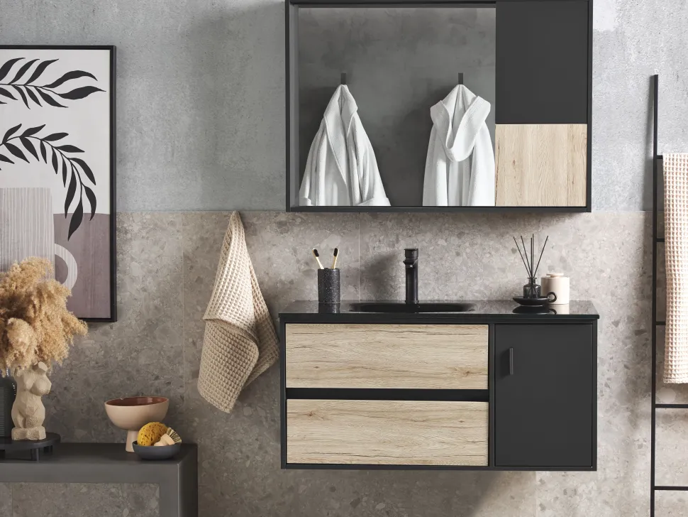 Beliani Kylpyhuoneen Kalusteet 3 Osaa Vaalea Puu/Musta 100 Cm Teruel Clearance
