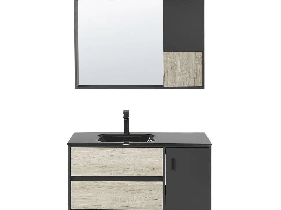 Beliani Kylpyhuoneen Kalusteet 3 Osaa Vaalea Puu/Musta 100 Cm Teruel Clearance
