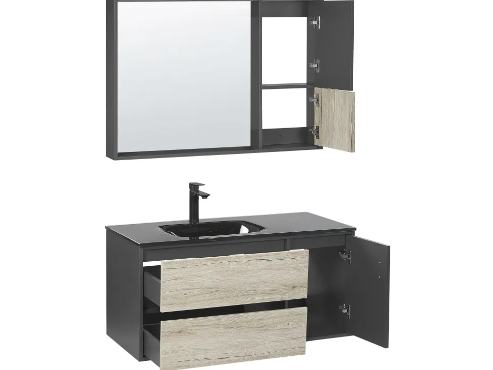 Beliani Kylpyhuoneen Kalusteet 3 Osaa Vaalea Puu/Musta 100 Cm Teruel Clearance
