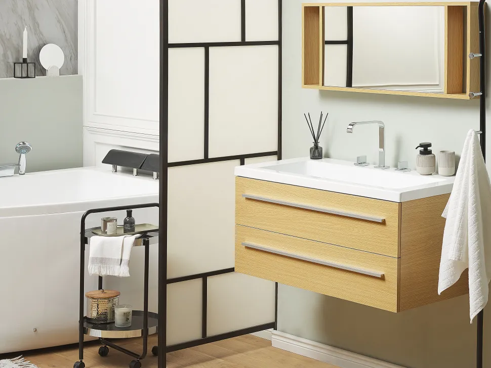 Beliani Kylpyhuoneen Kalusteet 3 Osaa Vaalea Puu Almeria Store