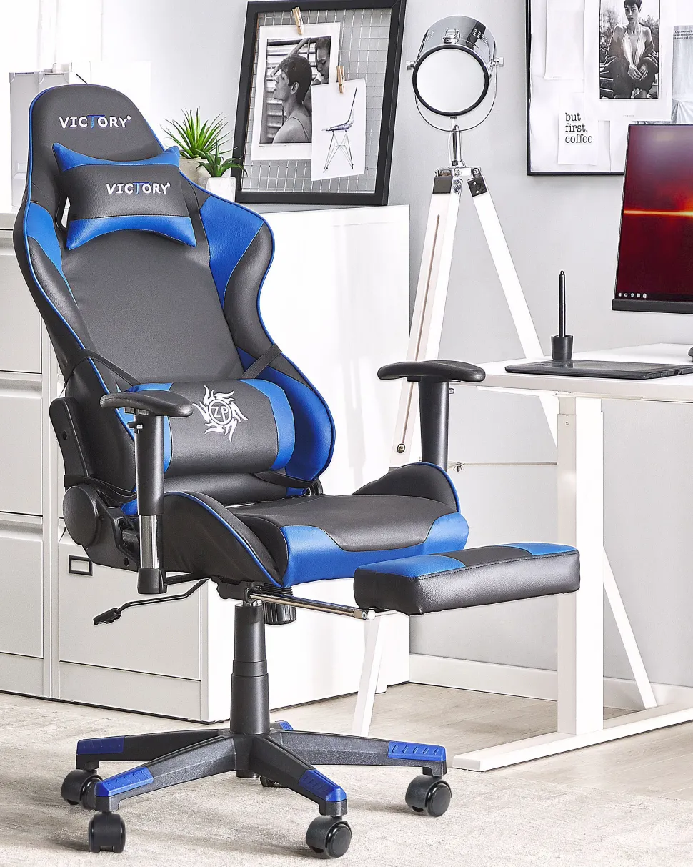 Beliani Pelituoli Keinonahka Musta/Sininen Victory Sale