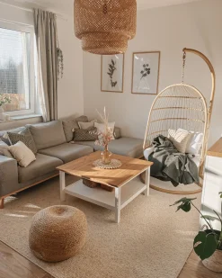 Beliani Riipputuoli Jalustalla Polyrottinki Beige Allera Store