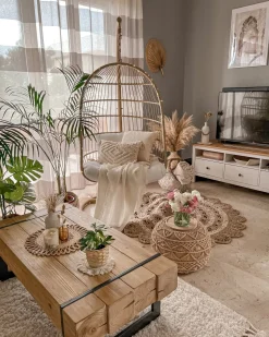 Beliani Riipputuoli Jalustalla Polyrottinki Beige Allera Store