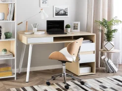 Beliani Tyopoyta 3 Laatikkoa 3 Hyllya Vaalea Puu/Valkoinen 130 X 60 Cm Caracas Outlet