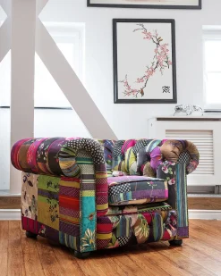 Beliani Violetti Kangasverhoiltu Nojatuoli Tilkkutakkikuviolla Chesterfield New